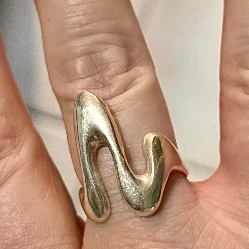 Modernist Silver Wave Flow Ring Size 8 Sculptural Liquid Metal Boho Statement